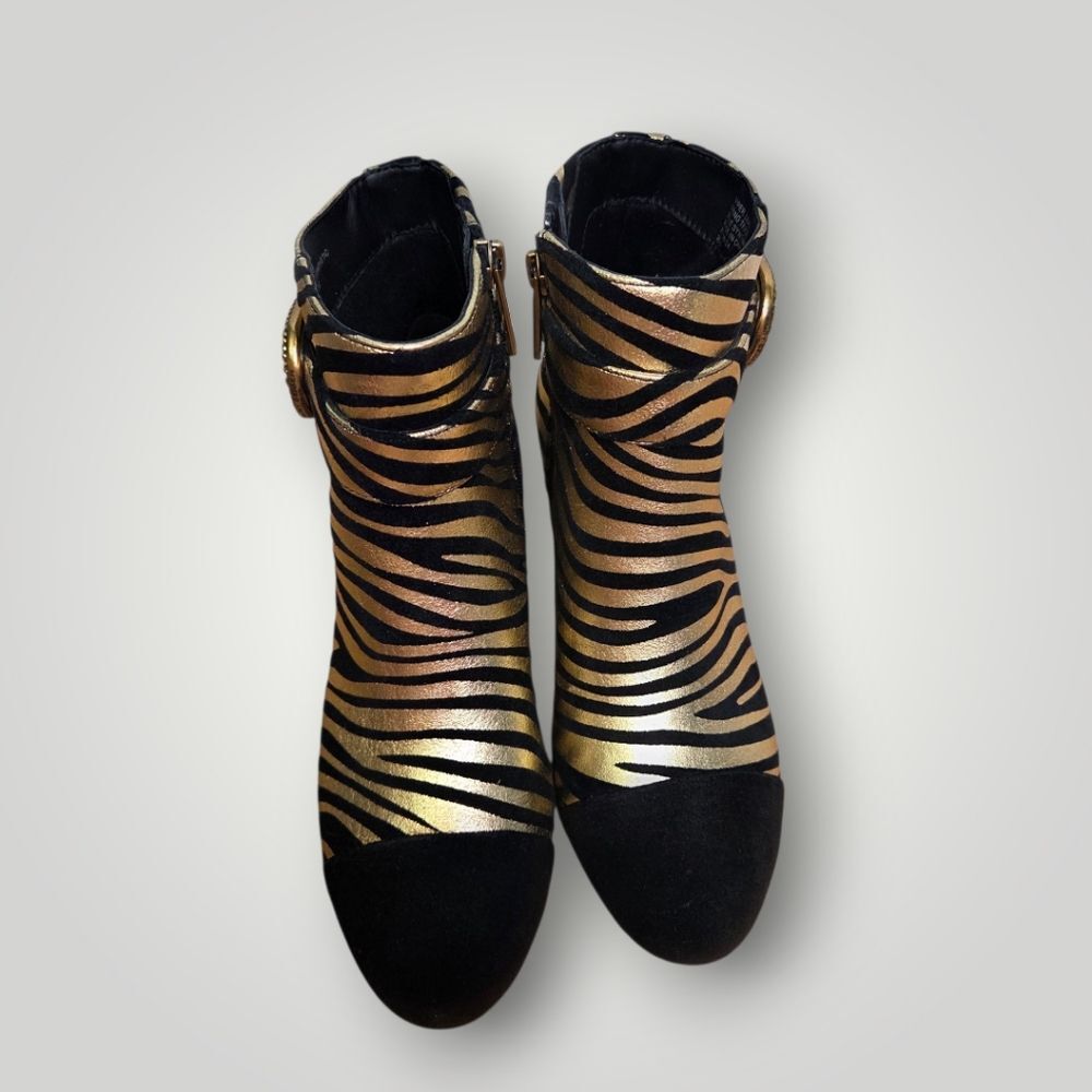 Kurt Geiger Mayfair Zebra Metallic Gold Black Block Heel Ankle Boots Size 35.5 - Picture 4 of 7